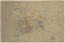 29 Een plattegrond van Tiel, waarop de oorlogsschade door de Tweede Wereldoorlog aan de panden in Tiel met kleuren is ...