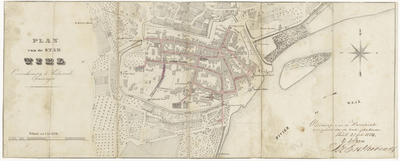 38 Een plattegrond van de binnenstad van Tiel en de nabije omgeving. Op de kaart is de tekst geschreven ontwerp voor de ...