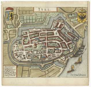 39 Een plattegrond van de Tielse binnenstad met een legenda van de belangrijke gebouwen en enkele straten. Boven de ...