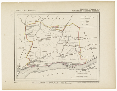 42 Een gemeente kaartje van Echteld. De gemeente grens is ingetekend en ingekleurd, 1867