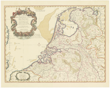 43 Een kaart van de Republiek der Zeven Verenigde Nederlanden, met het uitgeversimpressum linksboven in een grote ...