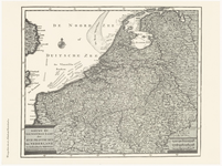 44 Een kaart van de Zeventien Provinciën. De titel met het uitgeversimpressum linksonder. De schaalstokken in een ...