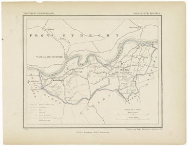 45 Een gemeente kaartje van Maurik. De gemeente grens is ingetekend en ingekleurd, 1867