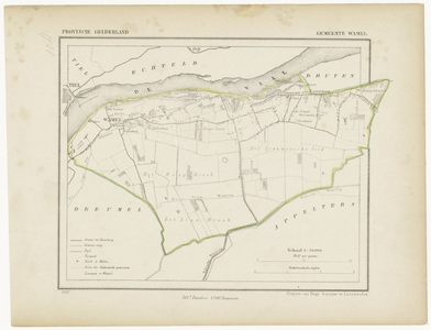 49 Een gemeente kaartje van Wamel. De gemeente grens is ingetekend en ingekleurd, 1867