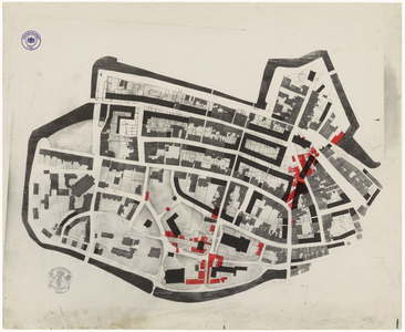 58 Een plattegrond van de Tielse binnenstad, met als onderwerp de wederopbouw van de Tielse binnenstad net na de Tweede ...