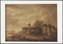73 Een stadsgezicht van Tiel op de Tolhuiswal, met de Gasthuismolen, de Groote Sociëteit, de Waterpoort en het ...
