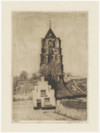 96 Een aanzicht naar het westen op de Sint-Maartenstoren van de Nederlands-hervormde kerk in Tiel. Op de voorgrond een ...