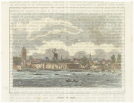 98 Een stadsprofiel van Tiel vanaf de Waalzijde. Op de rivier is een radarstoomboot te zien en een gierpont. In het ...