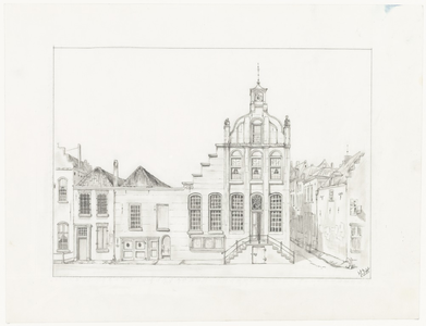125 Een vooraanzicht van het Tielse stadhuis aan de Vleesstraat in de 19de eeuw, , , [1980]