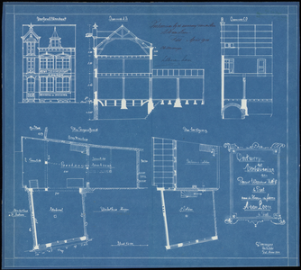 139 Vooraanzicht, doorsneden en plattegronden van het pand van de Nieuwe Tielse Courant, drukkerij en binderij, 1900