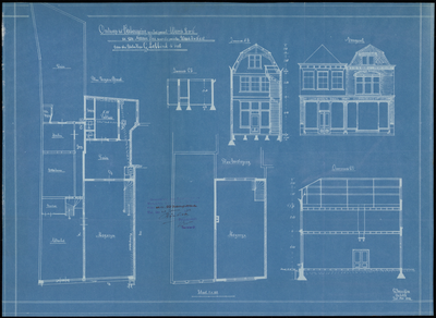141 Vooraanzicht, doorsneden en plattegronden voor het pand Weerstraat 8, 1902