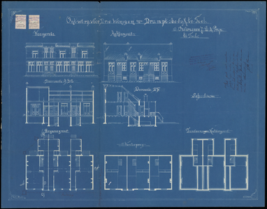 146 Vooraanzicht, doorsneden en plattegronden van de woningen aan de Lingedijk 56, 54 en 52 in Tiel, 1901