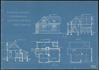 148 Vooraanzicht, doorsneden en plattegronden van het pand aan de Burgemeester Meslaan 98 in Drumpt, 1917