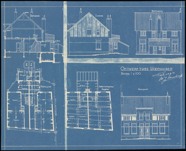 149 Vooraanzicht, doorsneden en plattegronden voor twee woonhuizen aan de Grotebrugse Grintweg nummer 30, 1912