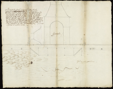165 Een vooraanzicht van het havenpoortje en de kade met daarvoor het havenwater. Met verklarende tekst, , , 1621