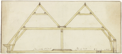 178 Een doorsnede tekening met de balkenconstructie van een dak met twee puntkappen, voor mogelijk het Tielse stadhuis ...