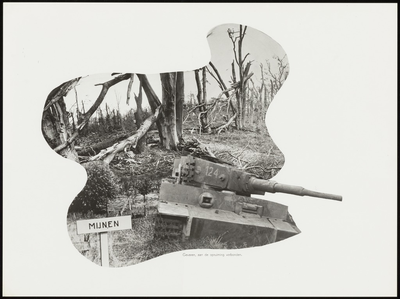 215 Een fotocollage van de oorlogsschade door de Tweede Wereldoorlog en van de wederopbouw daarna. Met een mijnenveld ...