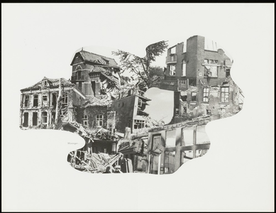 221 Een fotocollage van de oorlogsschade door de Tweede Wereldoorlog en van de wederopbouw daarna. Met zwaar ...