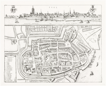 295 Een plattegrond van Tiel met aan de bovenzijde het profiel van de stad vanaf de Waalzijde. Linksonder een naamlijst ...