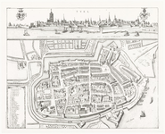 295 Een plattegrond van Tiel met aan de bovenzijde het profiel van de stad vanaf de Waalzijde. Linksonder een naamlijst ...