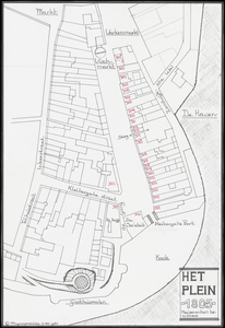 326 Een plattegrond (1984) van het Plein (Kleiberg) in Tiel gemaakt naar gegevens uit 1805, met de huizen en de ...