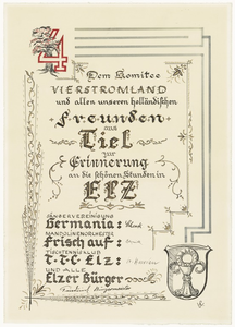 338 Een herinneringsoorkonde voor het comité van Vierstromenland van de vrienden uit Elz in Duitsland