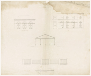 344 Een bouwtekening met een voorgeveltekening van een woning, een voorgeveltekening van een bergplaats of koetshuis en ...