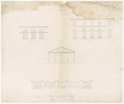 344 Een bouwtekening met een voorgeveltekening van een woning, een voorgeveltekening van een bergplaats of koetshuis en ...