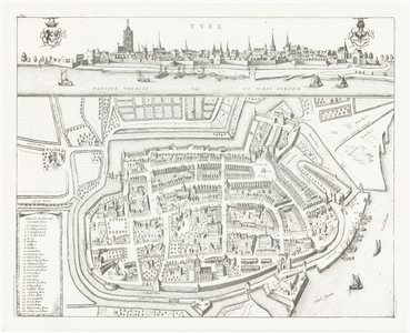 357 Een plattegrond en een profiel van de stad Tiel met linksonder een lijst met de namen van de kerken en van de ...