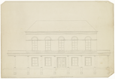 375 Een bouwtekening met een vooraanzicht van een gebouw, waarschijnlijk een woning met een pilarengallerij, , , [1890]