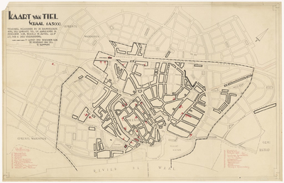 425 Een plattegrond van de stad Tiel, met een aanduiding en legenda van alle belangrijke gebouwen en industrie, met een ...