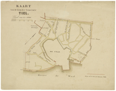 427 Een plattegrondtekening van de kom van de gemeente Tiel, met de grenzen van de kom, 1886