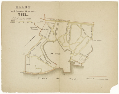428 Een plattegrondtekening van de kom van de gemeente Tiel, met de grenzen van de kom, 1886
