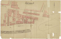 435 Een kadastraal plan van de Tielse binnenstad met een deel van sectie E omgeving Bleekveld, Wethouderskade, ...