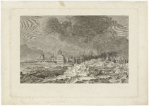 464 Een stadsprofiel van Tiel met opkruiend ijs voor de stad op de Waal in 1799. Op de afbeelding staan centraal de ...