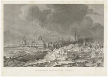 465 Een stadsprofiel van Tiel met opkruiend ijs voor de stad op de Waal in 1799. Op de afbeelding staan centraal de ...