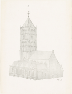 498 Een aanzicht van de Sint-Maartenskerk in Tiel, in moderne druk, mogelijk oorspronkelijk een potloodtekening in ...