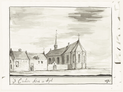 542 Een tekening van de Sint-Cecilea kerk in Tiel gezien vanaf de Kerkstraat, , , [1750]