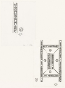 563 Een kopie van een decoratieve lijnsymetrische, met stroken gemaakte figuur. Het betreft hier een reconstuctie van ...