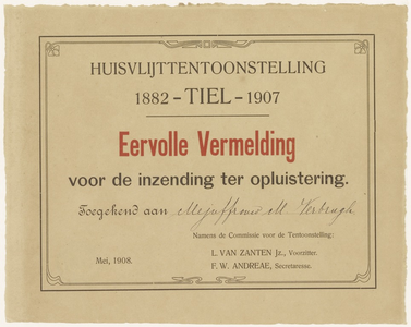 565 Diploma van de huisvlijttentoonstelling 1907, met een eervolle vermelding voor de inzending ter opluistering voor ...
