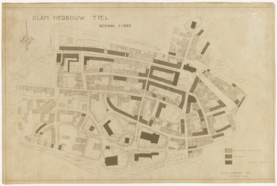 569 Een plattegrond van Tiel met een plan voor de wederopbouw van de Tielse binnenstad, vlak na de Tweede Wereldoorlog. ...