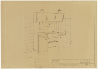 577 Een ontwerp voor een aanrecht volkskeuken met enkele bovenkast door Bruynzeel deurenfabriek, Zaandam, 1945