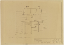 577 Een ontwerp voor een aanrecht volkskeuken met enkele bovenkast door Bruynzeel deurenfabriek, Zaandam, 1945