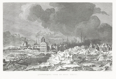 589 Een stadsprofiel van Tiel met opkruiend ijs voor de stad op de Waal in 1799. Op de afbeelding staan centraal de ...