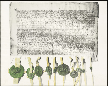598 Een foto van het charter met de dijkbrief van graaf Reinald II van Gelre, met onderaan het charter tien zegels