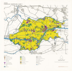 600 Een kaart met het ontwerp streekplan Rivierenland, met legenda, en in kleur. Uitgegeven door de Provinciale ...