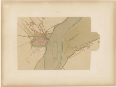 644 Een plattegrond (minuutkaart ) van Tiel. Met Westroijen en Zandwijk en aan de overkant van de Waal het dorp Wamel, [1560]