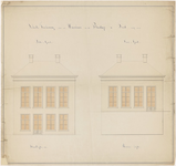 645 Een bouwtekening van een woning gebouwd in de Plantage. Getekend zijn de voorgevel aan de dijk en achtergevel aan ...