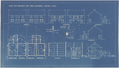 649 Een bouwtekening voor vier woningen aan de Hoveniersweg 42, 44, 46 en 48, met een situatieschets. De tekening toont ...