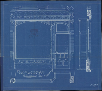 653 Een bouwtekening met een plan voor een winkelpui van de heer J.H. Lazet, Weerstraat 39 in Tiel. In opdracht van ...